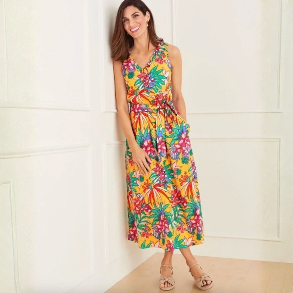Talbots Smocked Belted Fit & Flare Dress Yellow Tropical Cotton Midi Size 10